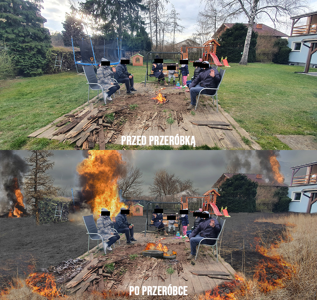 Porównanie dwóch zdjęć: pierwotnego i zmodyfikowanego cyfrowo. Na górnym zdjęciu rodzina siedzi przy ognisku w ogrodzie. Dolne zdjęcie przedstawia tę samą scenę, ale z dodatkowymi efektami...