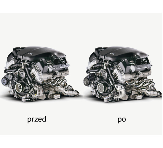 Silnik samochodowy: porównanie stanu przed i po renowacji, ukazujące różnicę w czystości i wyglądzie komponentów.
