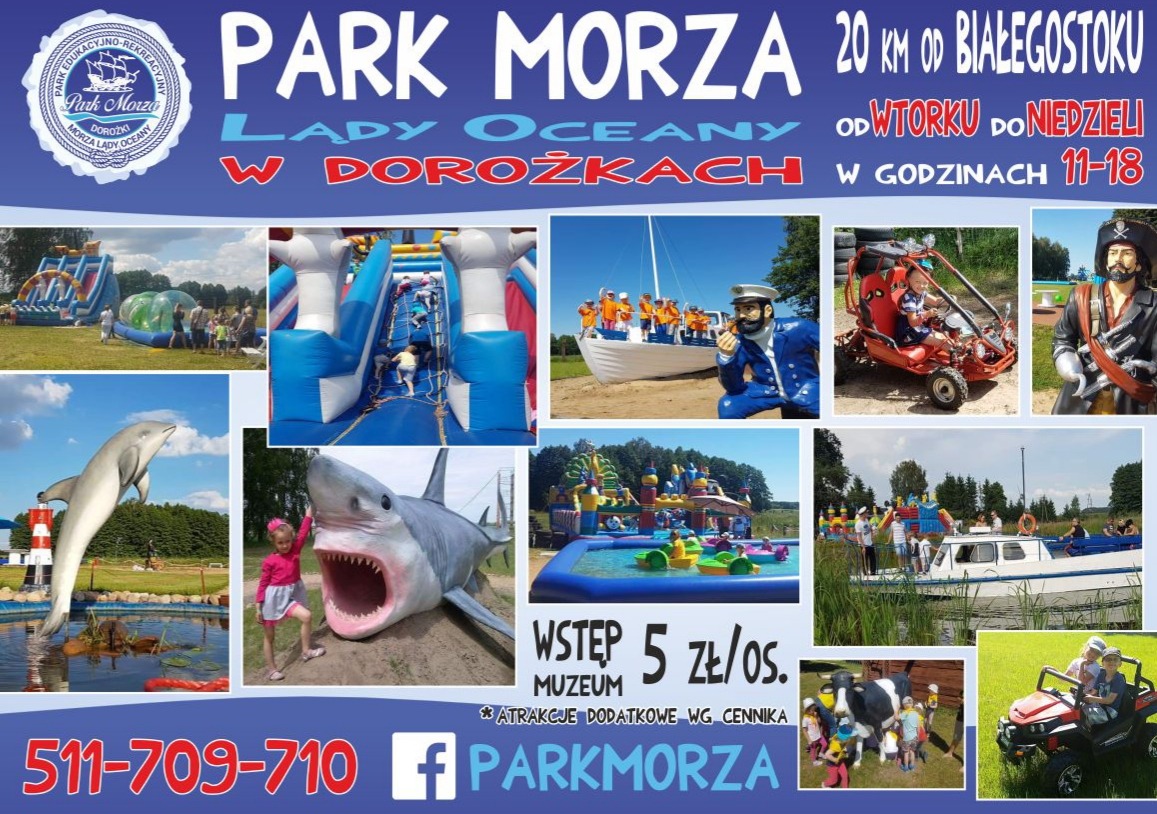 Kompozycja zdjęć atrakcji Parku Morza: dmuchane zamki, statek, figury kapitana i pirata, rekin, delfin z latarnią, pojazdy dla dzieci, basen z łódkami, buggy, krowa.