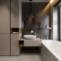 Nowoczesna łazienka z czarnymi marmurowymi płytkami, okrągłym lustrem z miedzianą obwódką, białą umywalką nablatową i wanną przy oknie z żaluzjami.