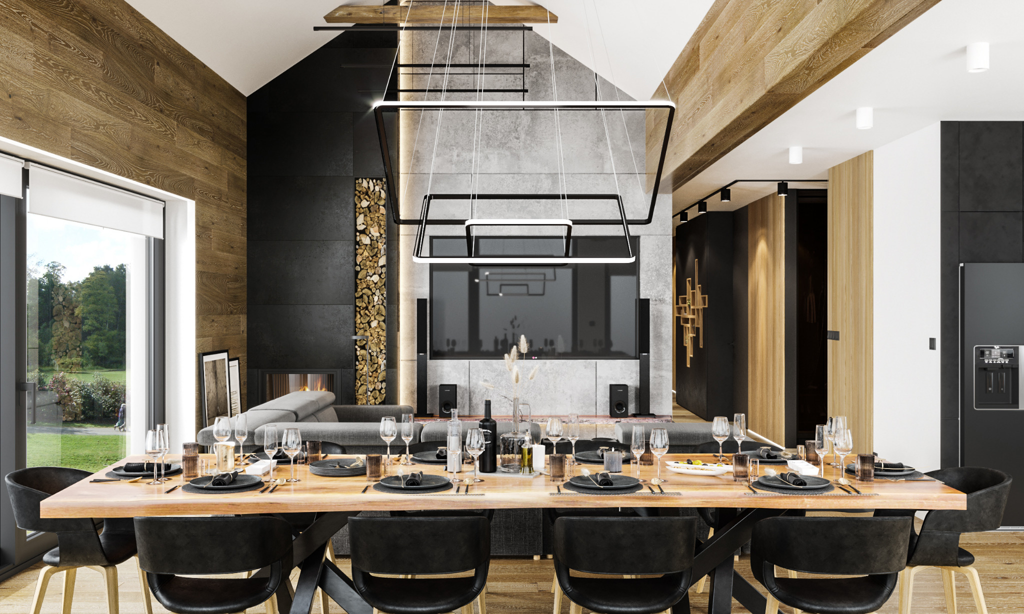 Nowoczesny salon z jadalnią: drewniany stół z czarnymi krzesłami, zastawą i szklankami, oświetlenie LED, ściana z drewnianymi panelami i kominek z ułożonymi polanami, szara sofa w tle.