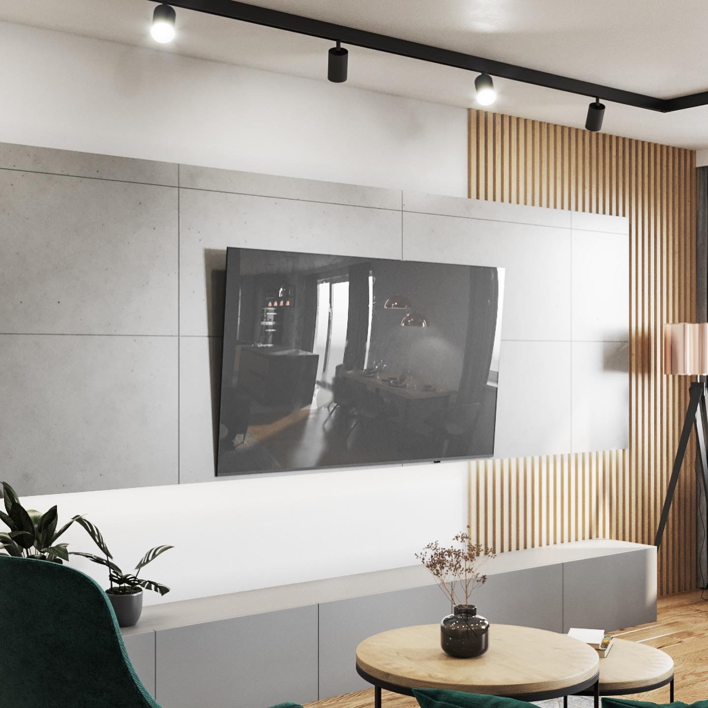 Salon z szarą ścianą, telewizorem odblaskowym, drewnianymi panelami, oświetleniem punktowym i zielonym fotelem