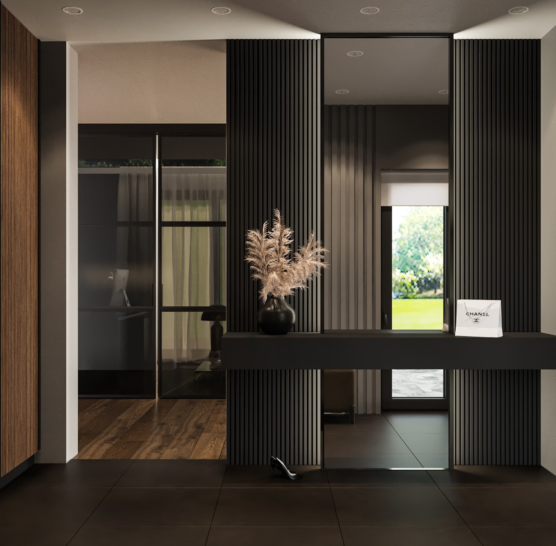 Nowoczesny holl z czarnymi, pionowymi panelami ściennymi, minimalistyczną konsolą, wazonem z suchymi trawami, torebką Chanel i pojedynczym damskim butem na podłodze.
