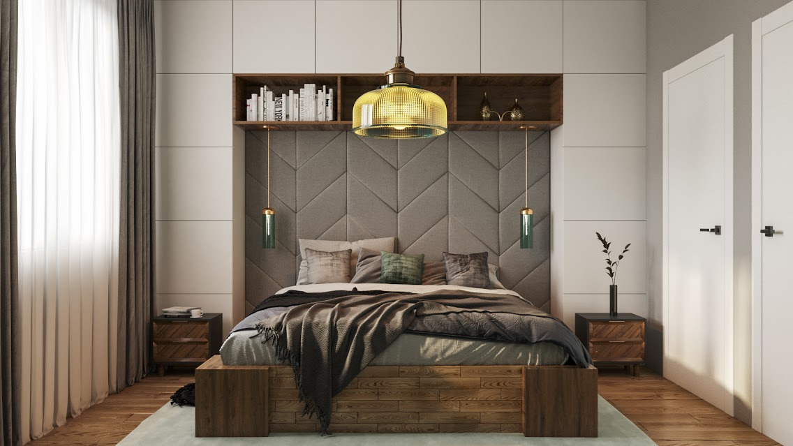 Nowoczesna sypialnia w Warszawie z drewnianym łóżkiem, geometrycznym zagłówkiem i wiszącymi szklanymi lampami po bokach, oświetlona centralnie umieszczoną lampą z żebrowanym kloszem.