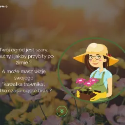 Ilustracja kobiety w słomkowym kapeluszu z biedronką, trzymającej doniczkę z różowymi kwiatami na tle kwitnącego ogrodu z tekstem o szarym ogrodzie po zimie.