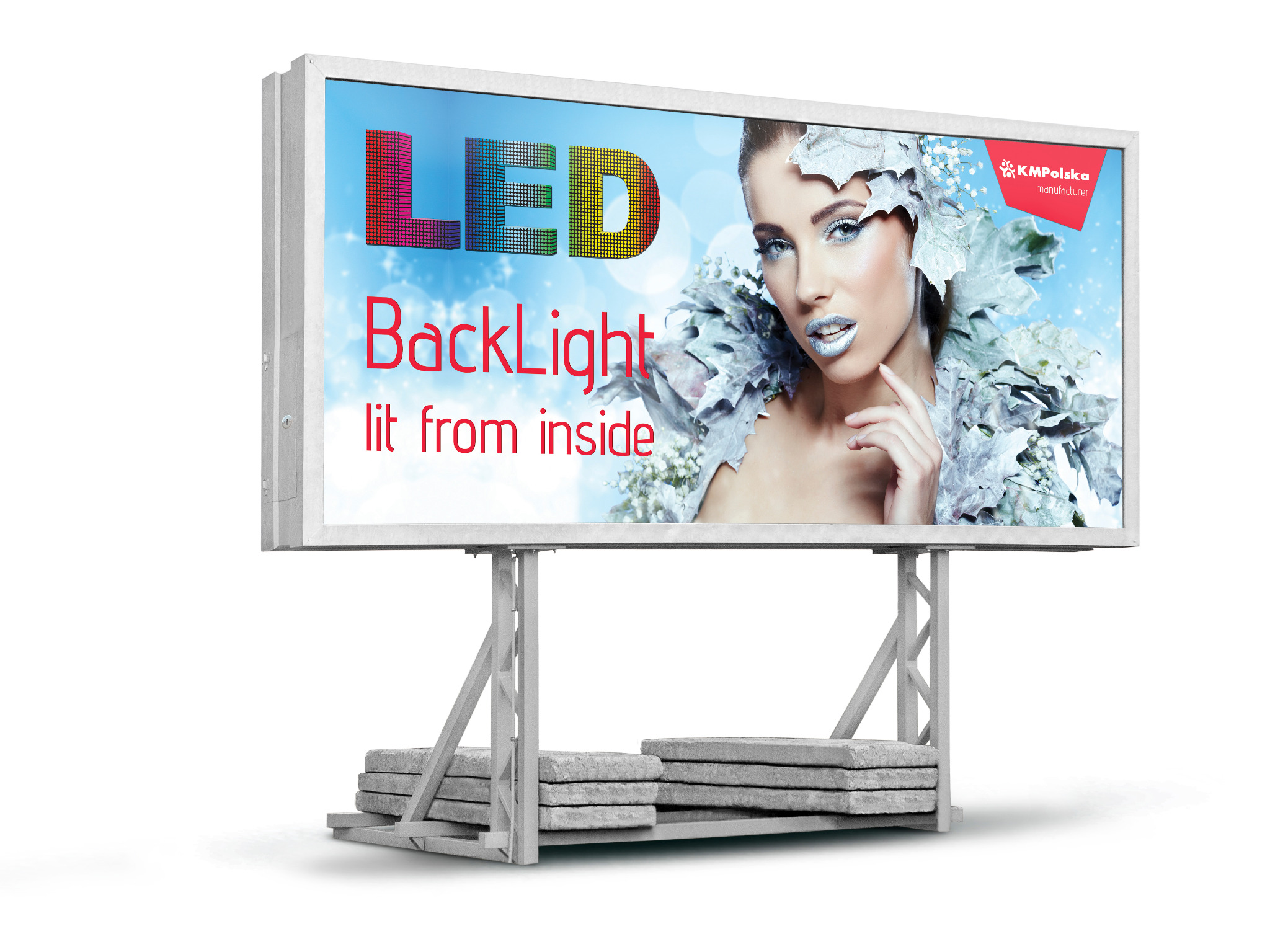 Billboard z podświetleniem LED prezentujący modelkę w zimowej stylizacji, z logo firmy w prawym górnym rogu.