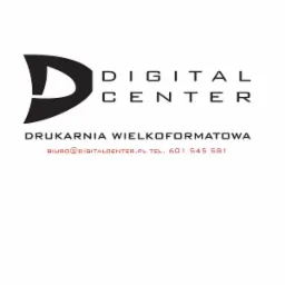 Logo firmy Digital Center, drukarnia wielkoformatowa, z adresem e-mail i numerem telefonu.
