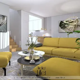 Żółta sofa modułowa w salonie z otwartą kuchnią, stoliki kawowe z dekoracjami, grafika na ścianie, schody w tle, nowoczesne oświetlenie.