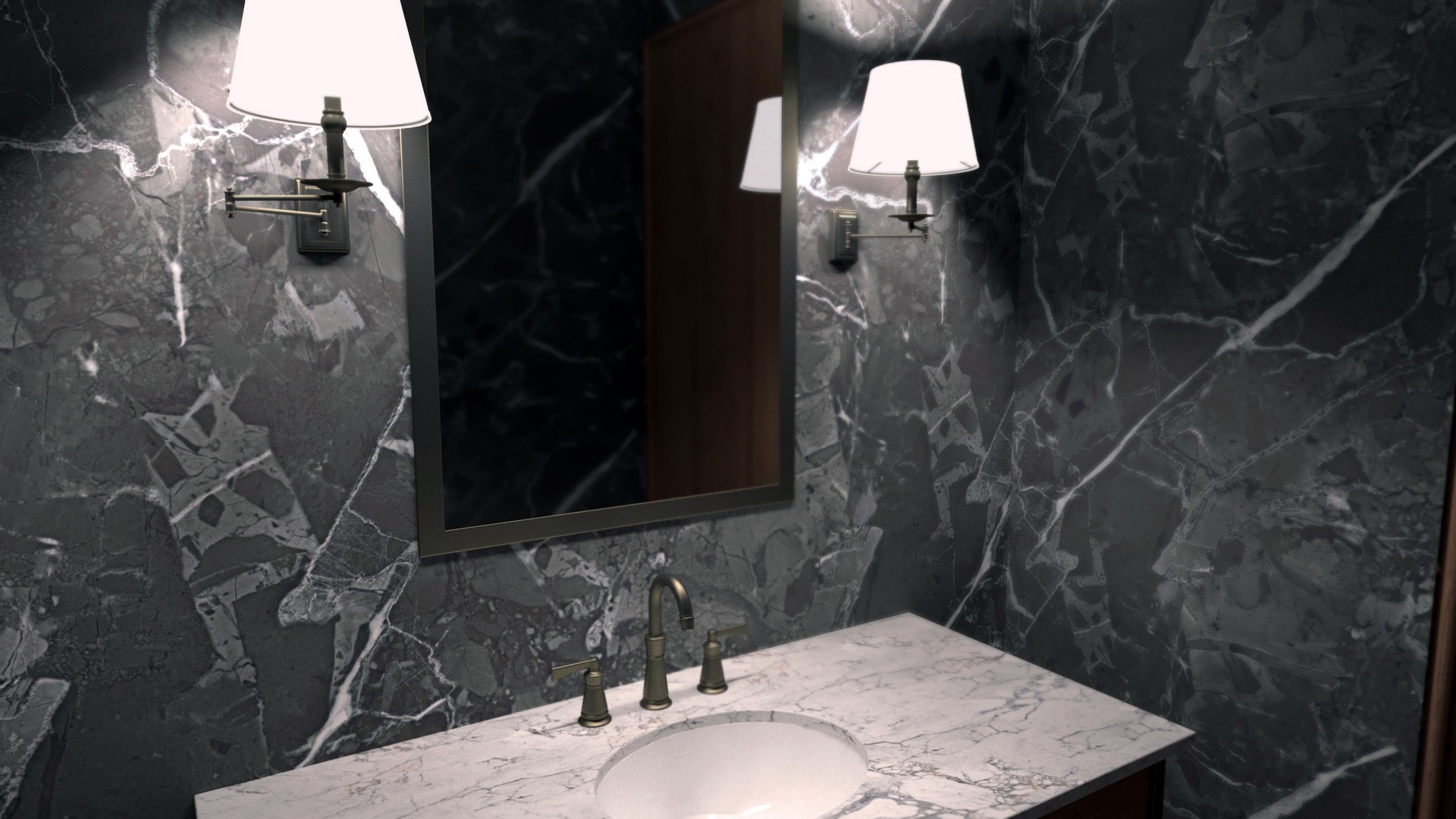 Elegancka łazienka z marmurową ścianą w odcieniach szarości, biała umywalka z baterią w stylu retro, oświetlenie ścienne z białymi abażurami i lustro z drewnianą ramą.