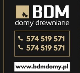 Logo firmy BDM domy drewniane z numerami telefonów i adresem strony internetowej na czarnym tle.
