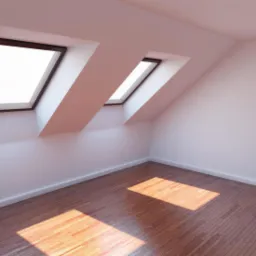 Jasne, puste poddasze z dwoma oknami dachowymi, świeżo pomalowane ściany i parkiet na podłodze, wpadające promienie słoneczne.