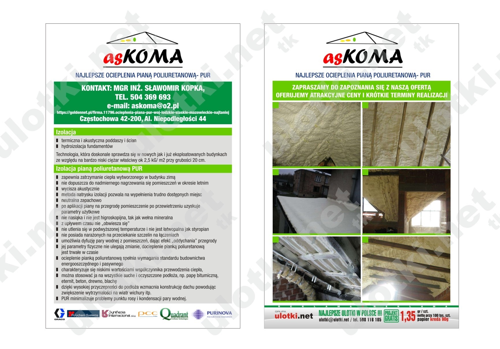 Ulotka reklamowa firmy Askoma prezentująca ocieplenia pianą poliuretanową PUR, z wizualizacjami natrysku piany na poddasze, dach i ściany budynku.