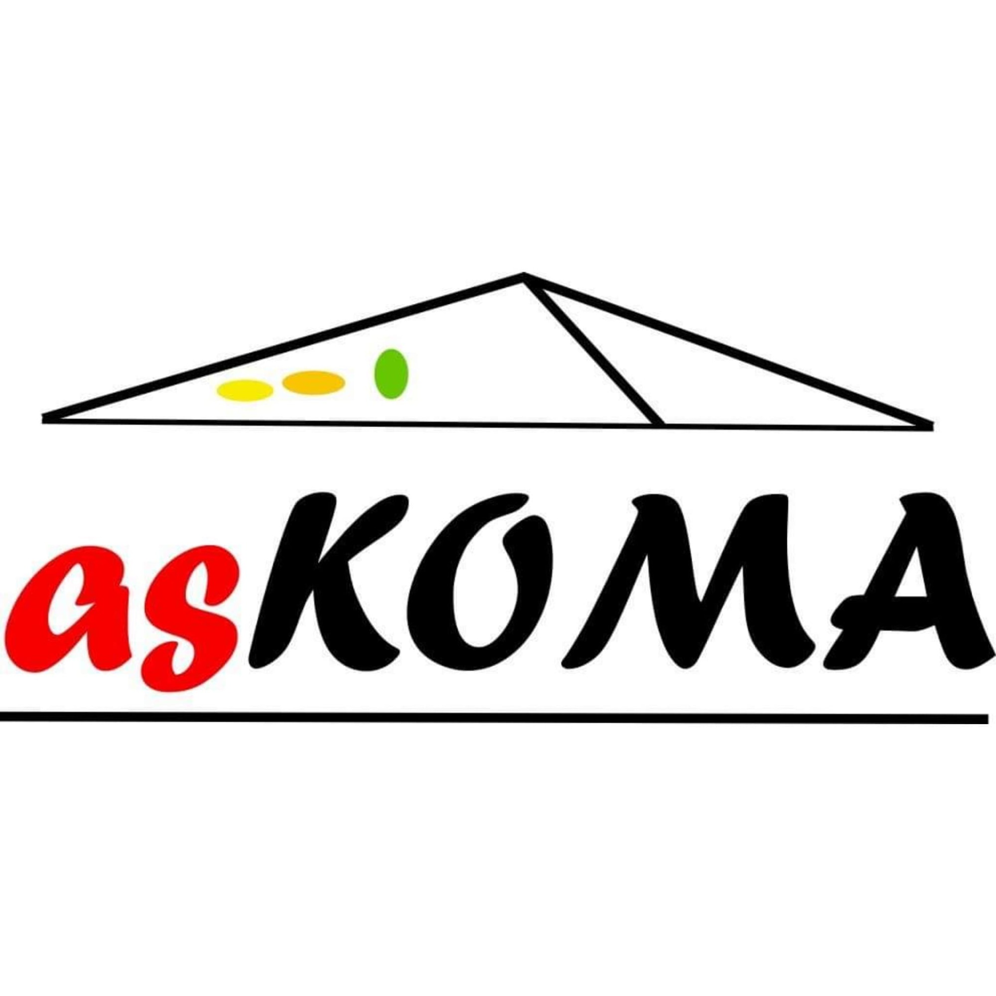Logo firmy z napisem 'askOMA' w kolorach czerwonym i czarnym, z symbolem dachu i kolorowymi kropkami na górze.