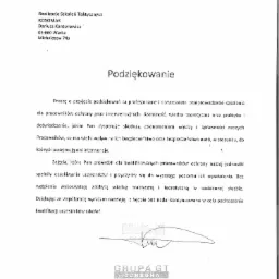 Skan dokumentu z podziękowaniem dla firmy ochroniarskiej Grupa GT za przeprowadzenie szkoleń taktycznych, datowany na 01.04.2014, z podpisem Roberta Dałka.