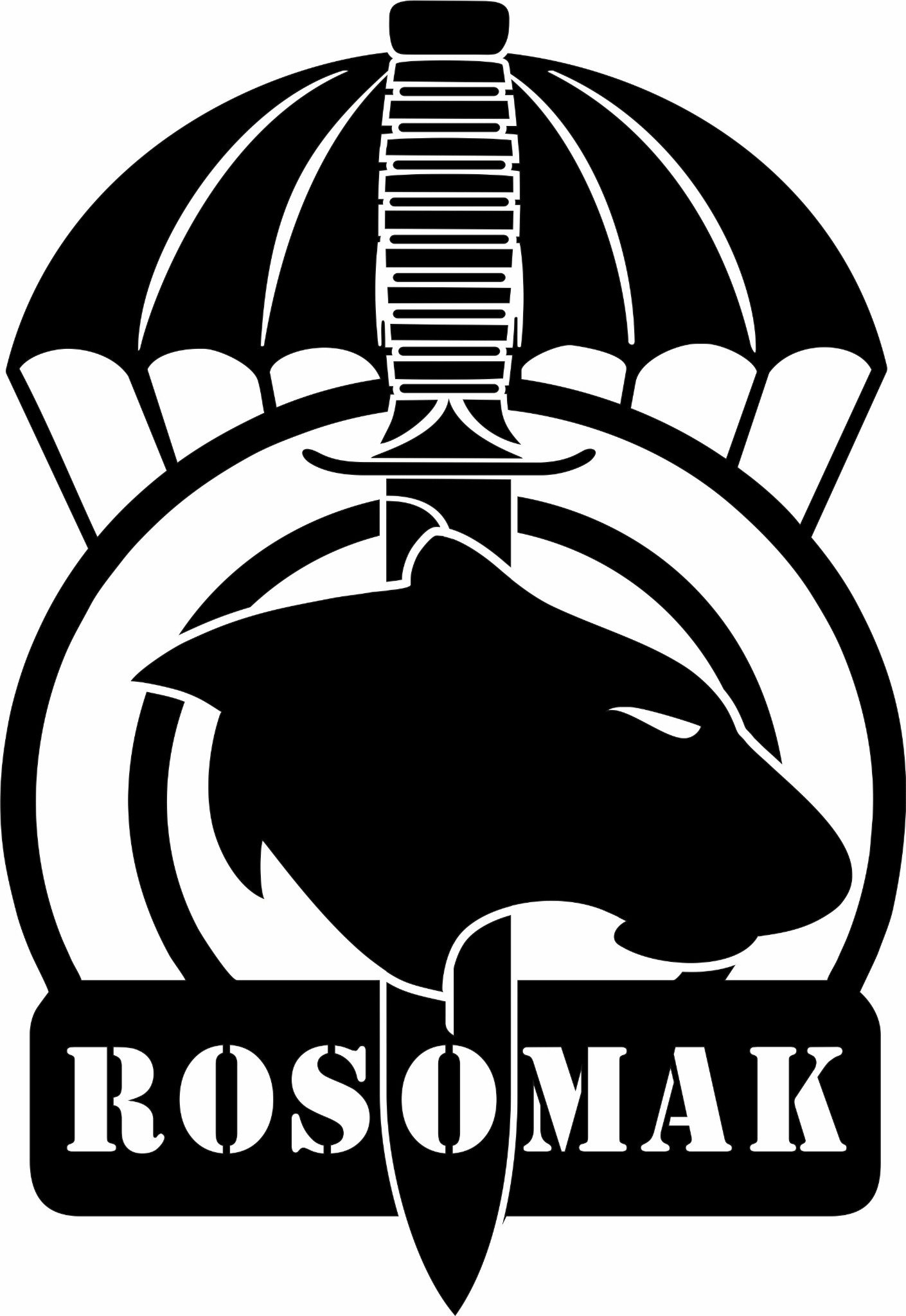 Czarno-biały logotyp przedstawiający głowę rosomaka przebitą sztyletem, nad którą widnieje otwarty spadochron. Pod spodem napis 'ROSOMAK'.