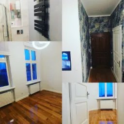 Kolaż przedstawiający wnętrza po odświeżeniu: łazienka z grzejnikiem drabinkowym i kabiną prysznicową, pokój z drewnianą podłogą i białymi ścianami, korytarz z tapetą w odcieniach szarości i brązu.