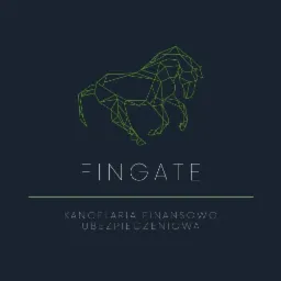 Geometryczny rysunek konia w kolorze limonkowym nad nazwą firmy 'FINGATE' i tekstem 'Kancelaria Finansowo Ubezpieczeniowa' na granatowym tle.