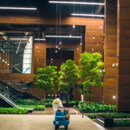 Pracownik w kombinezonie z logo Ozon Piorun ciągnie niebieski w&oacute;zek z urządzeniem do ozonowania w przestronnym, nowoczesnym wnętrzu z roślinami, schodami ruchomymi i oświetleniem punktowym.