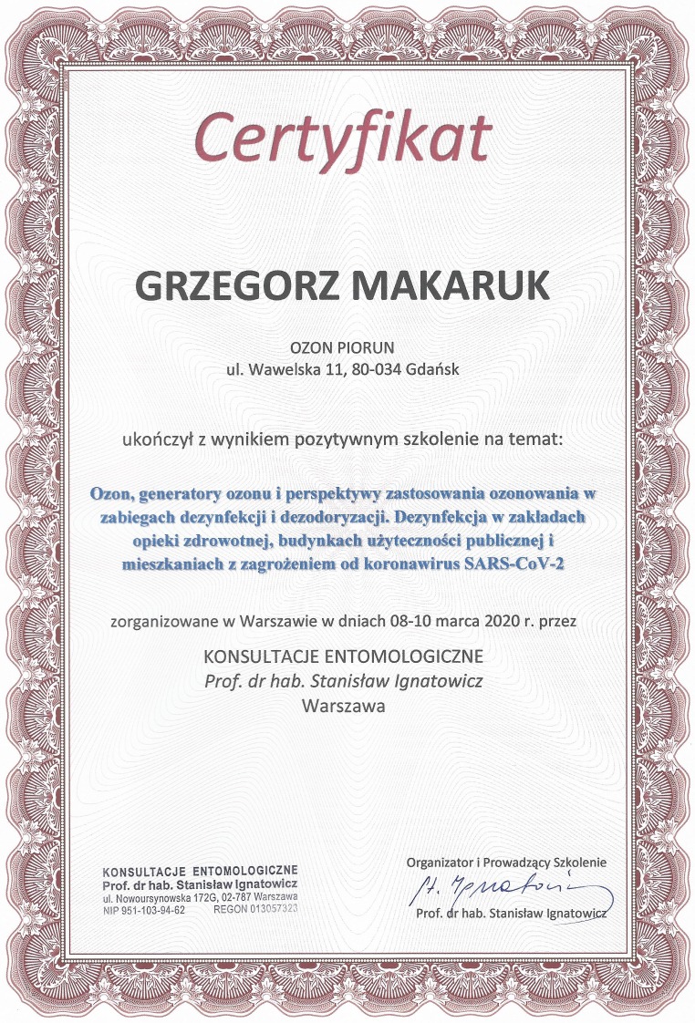 Ozon Piorun - Specjalistyczna usługa ozonowania - Certyfikat ozonowania, zwalczanie koronawirusa (SARS, koronawirus)
