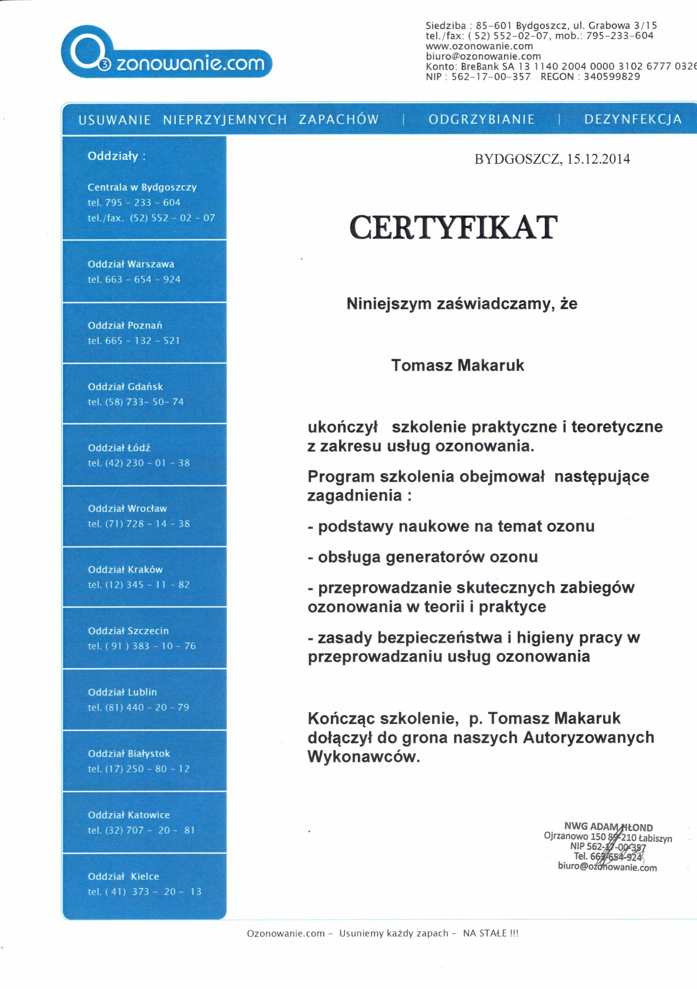 Certyfikat Ozonowanie Ozon Piorun