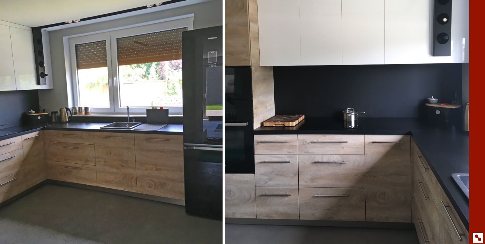 Nowoczesna kuchnia z drewnopodobnymi frontami szafek dolnych i białymi szafkami górnymi, czarny blat i ściana nad blatem, okno z brązowymi roletami w tle, widoczny fragment lodówki.