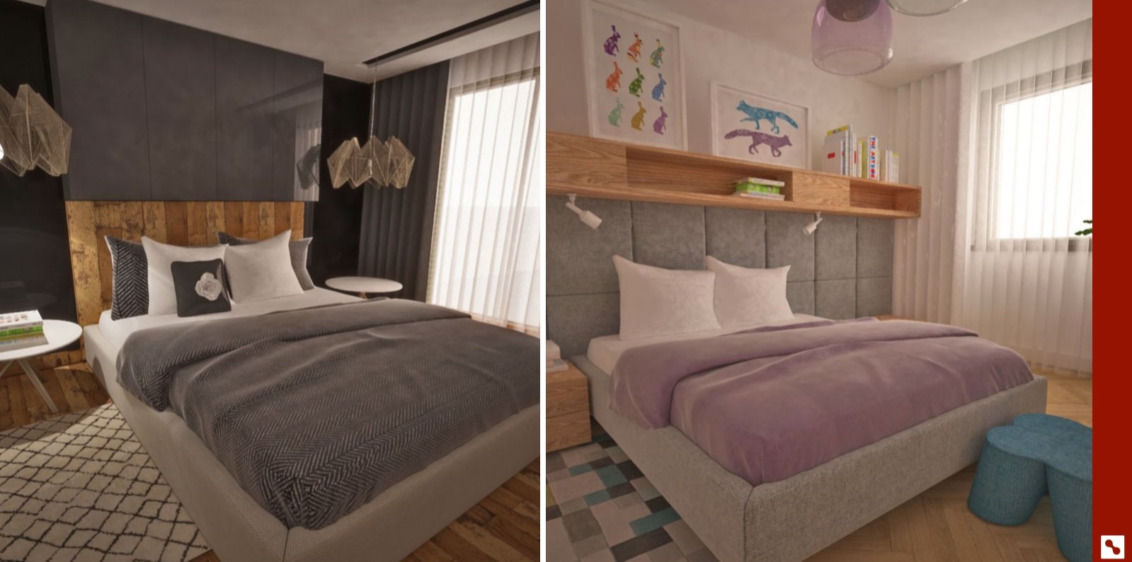 Dwie aranżacje sypialni w nowoczesnym stylu: po lewej łóżko z drewnianym zagłówkiem i szarą narzutą, po prawej łóżko z tapicerowanym zagłówkiem i fioletową pościelą, obie z oknami w tle.
