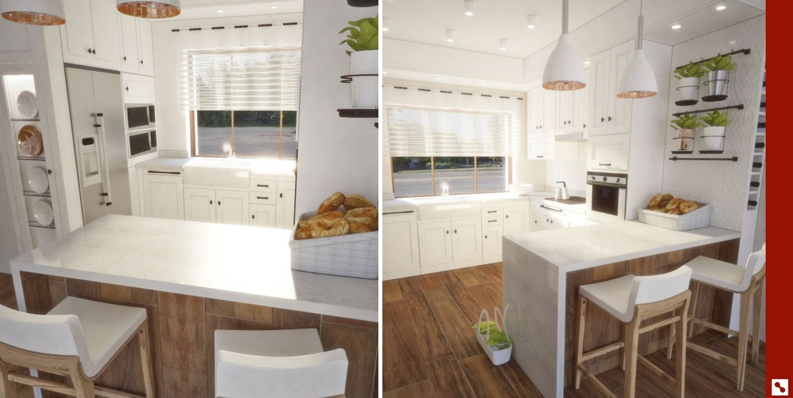 Jasna kuchnia z wyspą i drewnianymi akcentami, widok z dwóch perspektyw, na blacie koszyk z pieczywem, nad oknem rolety.