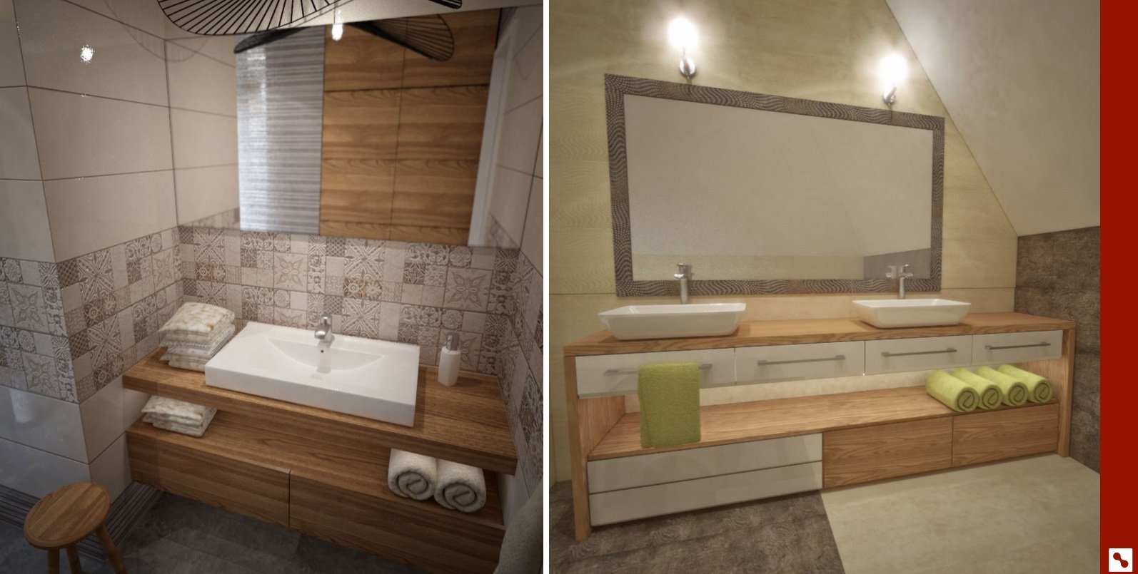 Wizualizacja łazienki z drewnianą szafką pod umywalką, dekoracyjnymi płytkami na ścianie i dużym lustrem z oświetleniem punktowym, prezentująca aranżację wnętrza.