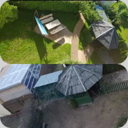 Widok z góry na zagospodarowany ogród z drewnianą altaną, ścieżką i hamakiem z miejscami do siedzenia, otoczony bujną zielenią.