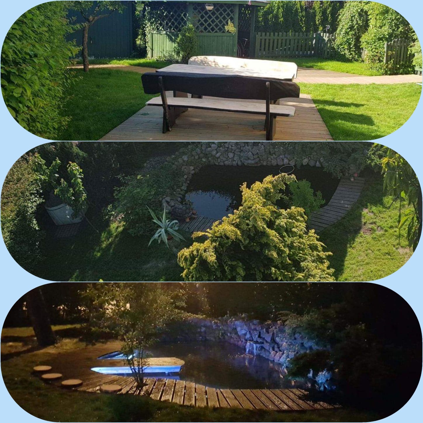 Kolaż trzech zdjęć: drewniany stół z ławkami na tarasie w ogrodzie, oczko wodne z kamieniami i ścieżką, oraz oświetlone oczko wodne nocą z drewnianym pomostem.