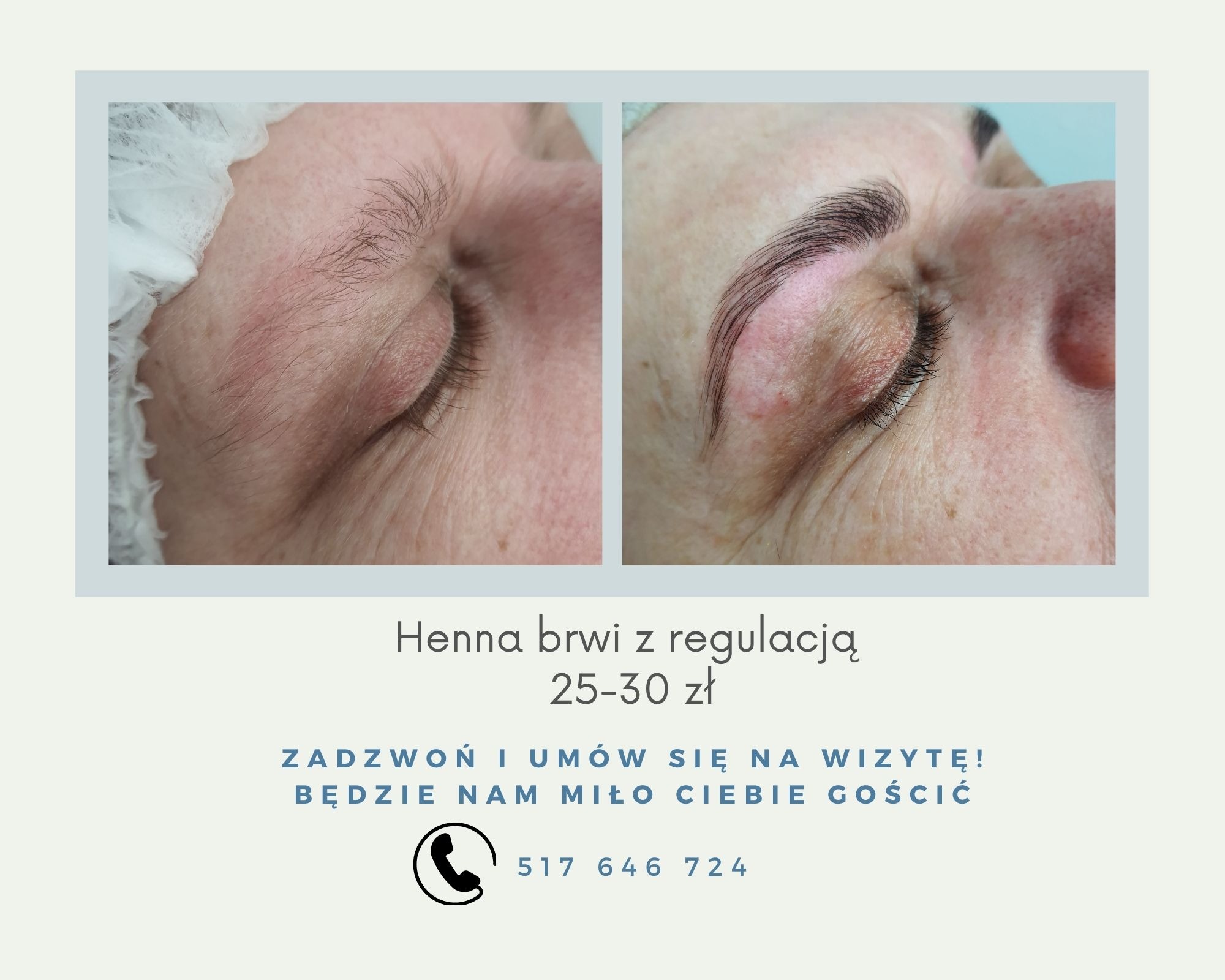 Zbliżenie na oko kobiety: po lewej brwi przed henną i regulacją, po prawej brwi po hennie i regulacji, widoczne różnice w kształcie i kolorze.