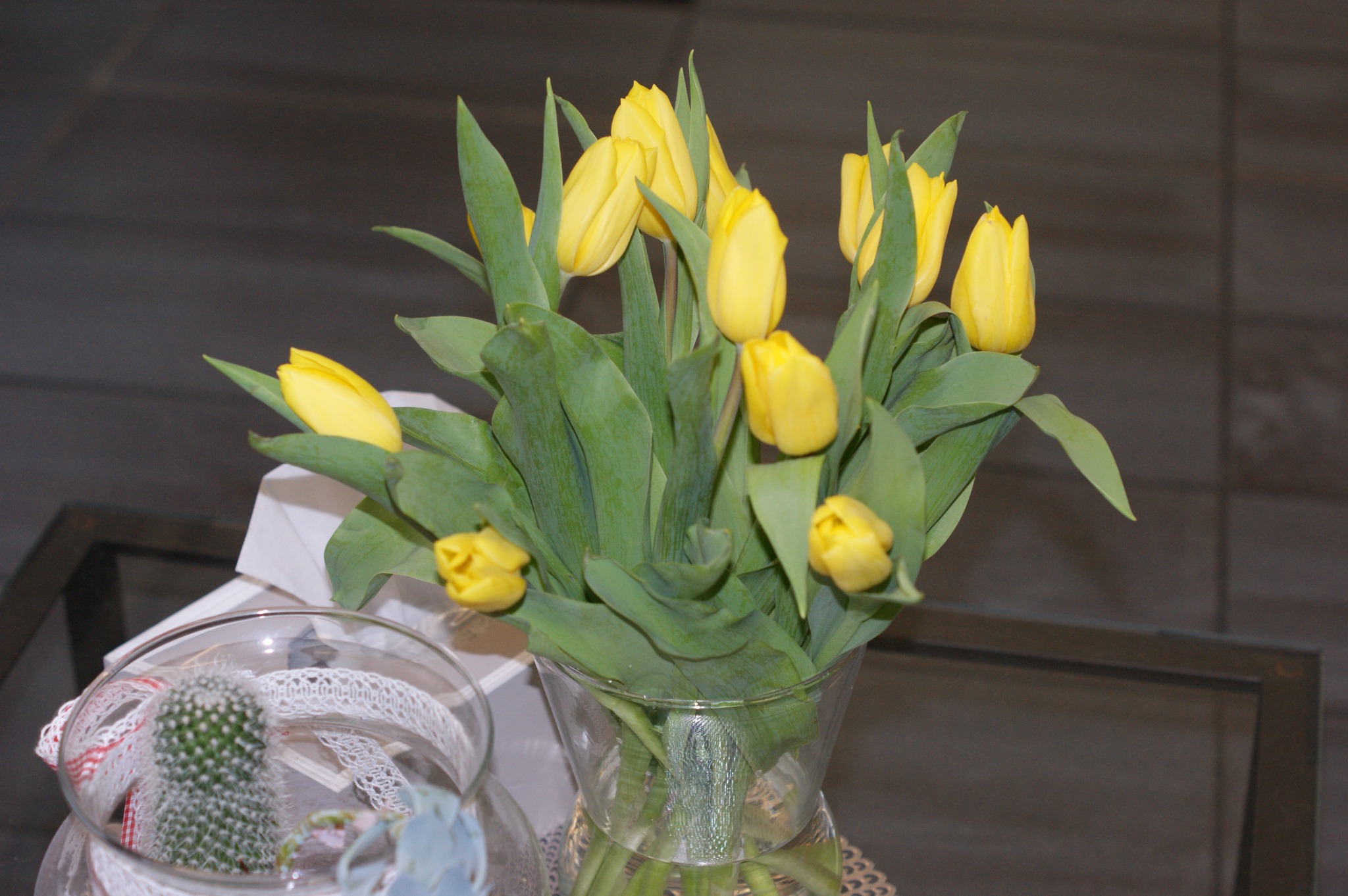 Bukiet żółtych tulipanów w przezroczystym wazonie, obok dekoracyjny kaktus w szklanej kuli z koronkową wstążką.