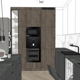 DMD Projekt - Wizualizacja kuchni z zabudową w odcieniach szarości i brązu, marmurowy backsplash, wyspa z ciastem pod kloszem i nowoczesnym oświetleniem.