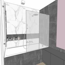 DMD Projekt - Wizualizacja łazienki z wanną obudowaną szarymi płytkami imitującymi marmur, szklanym parawanem nawannowym, półką wnękową z kosmetykami oraz szafkami w kolorze pudrowego różu.