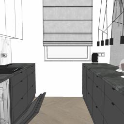 DMD Projekt - Wizualizacja nowoczesnej kuchni z szarymi szafkami, marmurowym backsplashiem, wyspą z dekoracjami pod kloszem, lampami wiszącymi i otwartą zmywarką.