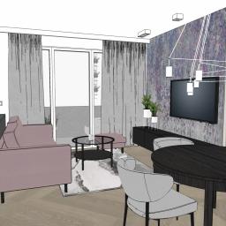 DMD Projekt - Wizualizacja salonu z różową sofą, okrągłym stolikiem kawowym, ciemnym stołem jadalnym i telewizorem na wzorzystej ścianie.