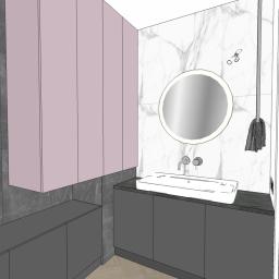 DMD Projekt - Wizualizacja łazienki z umywalką nablatową, okrągłym lustrem z podświetleniem LED, szafkami w kolorze pudrowego różu i szarości, płytkami imitującymi marmur oraz szarą mozaiką na ścianie prysznicowej.