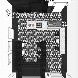 DMD Projekt - Czarno-biały plan kawiarni z widokiem z góry, ukazujący wzorzystą podłogę i bar z ekspresem do kawy, oświetlony przez wiszące lampy.