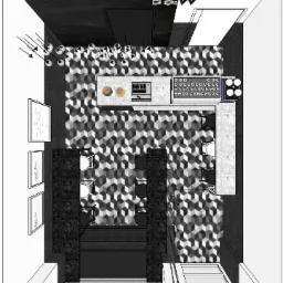 Czarno-biały plan kawiarni z widokiem z góry, ukazujący wzorzystą podłogę i bar z ekspresem do kawy, oświetlony przez wiszące lampy.