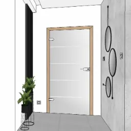 Wizualizacja przedpokoju z szklanymi drzwiami z drewnianą ramą, czarnym panelem dekoracyjnym z roślinami oraz trzema okrągłymi lustrami na betonowej ścianie.