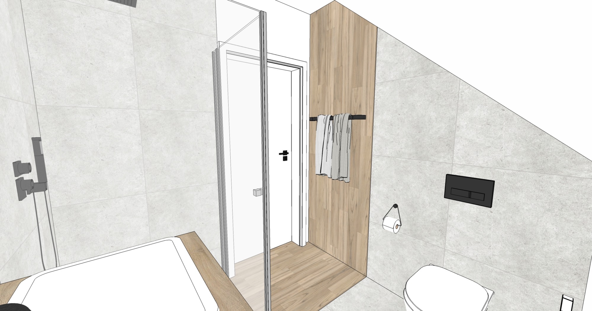 Wizualizacja łazienki z kabiną prysznicową, toaletą, grzejnikiem drabinkowym z ręcznikami na tle ściany z drewnopodobnych paneli i szarej płytki.