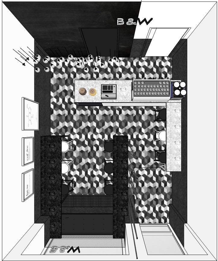 Czarno-biały plan kawiarni z widokiem z góry, ukazujący wzorzystą podłogę i bar z ekspresem do kawy, oświetlony przez wiszące lampy.