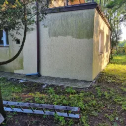 Fragment elewacji budynku z widocznym efektem czyszczenia - górna część ściany jest wyraźnie ciemniejsza i zabrudzona, dolna część jaśniejsza i czysta, na ziemi leży drabina i wiadro.