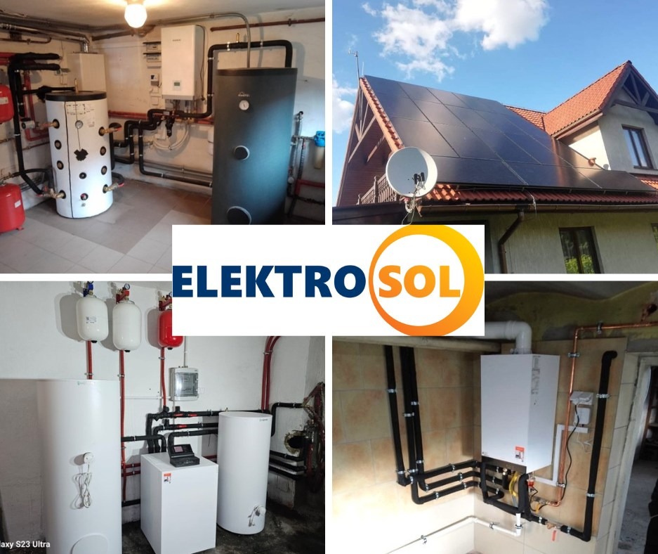 Kolaż zdjęć: instalacja paneli słonecznych na dachu domu jednorodzinnego z anteną satelitarną oraz kotłownia z zbiornikami buforowymi i kotłem gazowym, logo Elektro-Sol na środku.