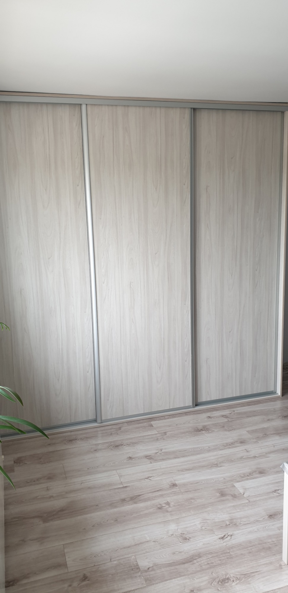 Jasna szafa przesuwna z trzema drzwiami o drewnopodobnym wzorze, dopasowana do podłogi z paneli w podobnej tonacji.