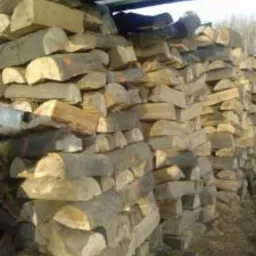 Stos pociętych klocków drewna ułożonych pod zadaszeniem, widoczne pomarańczowe oznaczenia na końcach niektórych kawałków.