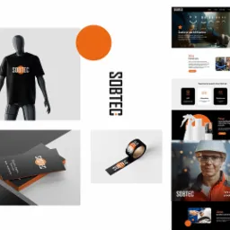 Kompozycja graficzna prezentująca identyfikację wizualną firmy SOBTEC, zawierająca wizualizację strony internetowej, koszulkę z logo na manekinie, wizytówki i taśmę pakową z nadrukowanym logo firmy.