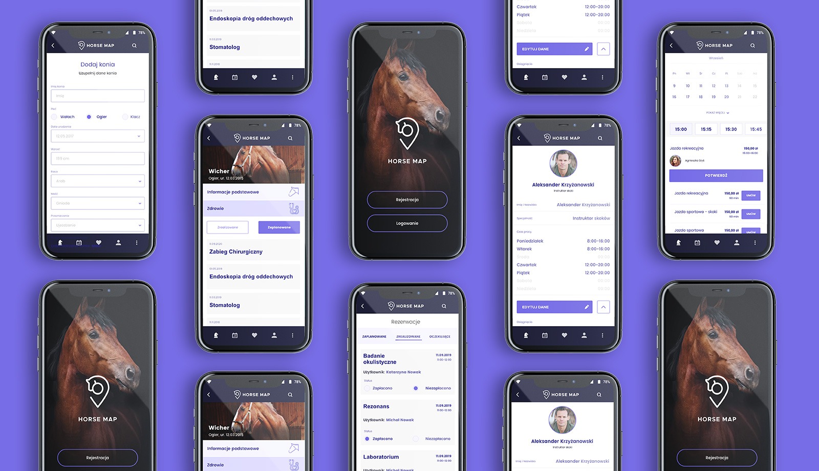 Ekran aplikacji mobilnej 'Horse Map' z interfejsem użytkownika do rezerwacji jazd konnych, planowania wizyt u weterynarza i zarządzania danymi koni, wyświetlany na tle fioletowym.