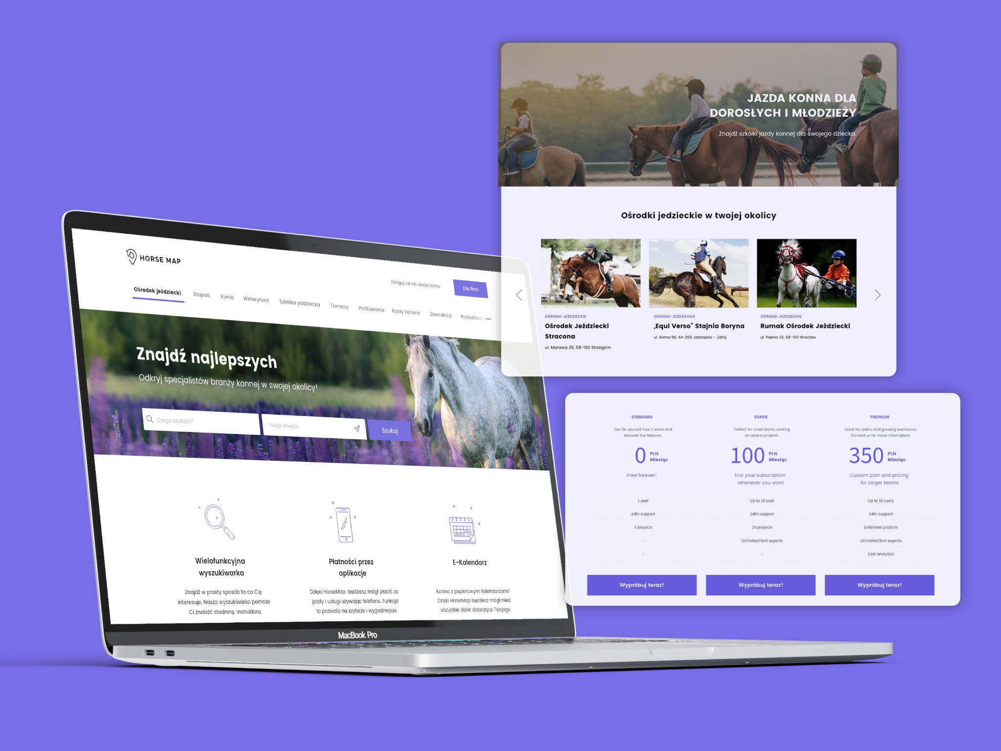 Widok strony internetowej HorseMap na ekranie MacBooka Pro, prezentującej ofertę szkółek jeździeckich i jazdy konnej w okolicy, z opcjami wyszukiwania, płatności przez aplikację i e-kalendarzem.