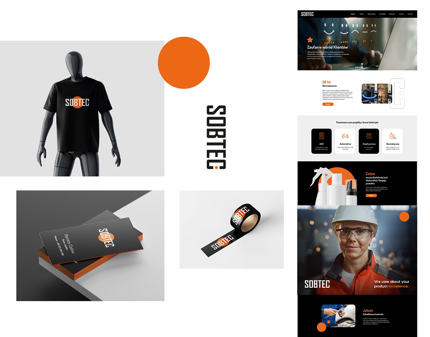 Kompozycja graficzna prezentująca identyfikację wizualną firmy SOBTEC, zawierająca wizualizację strony internetowej, koszulkę z logo na manekinie, wizytówki i taśmę pakową z nadrukowanym logo firmy.